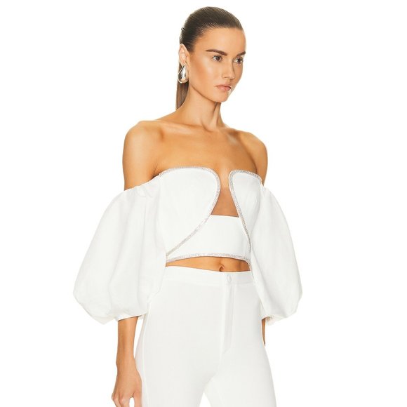 NEW self-portrait Off Shoulder Crop Top White Silver Crystal Puff Sleeve Small - Picture 2 of 9